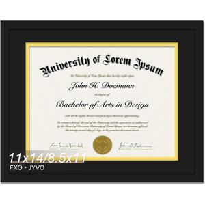 Fxojyvo Black 11x14 Diploma Frame, Display Document 8.5 x 11 with Mat or 11 x 14 Without Mat, Certificate Frame with Black&Gold Mat for Masters Associates Bachelor Degree - 1 Pack