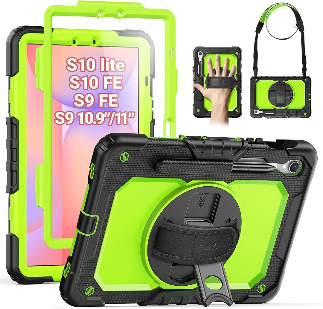 SEYMAC for Samsung Galaxy Tab S10 Lite/ S10 FE/ S9 FE/ S9 5G Case (10.9''/11''), Heavy Duty Shockproof Protective Case with Screen Protector, Rotating Stand, Hand Strap and Pen Holder, Green