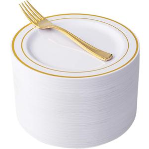 Nervure 204PCS Gold Dessert Plates with Forks - 102PCS 7.5inch Disposable Gold Plastic Plates and 102PCS Plastic Forks Perfect for Salads, Desserts, Parties, Catering, Christmas & Party & Father's Day