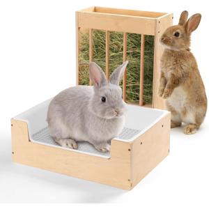 Extra-Large 2-in-1 Rabbit Litter Box & Hay Feeder Set, Wood, Mess Proof, for Guinea Pigs, Chinchillas, Hamsters, and Rabbits