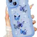 UEEBAI Wave Butterfly Case for iPhone 15 Case, Pretty Bling Star Butterfly for Women Cute Shiny Glitter Phone Cover for Girls Bling Clear Cover Curly Shockproof Girly Shell - Blue