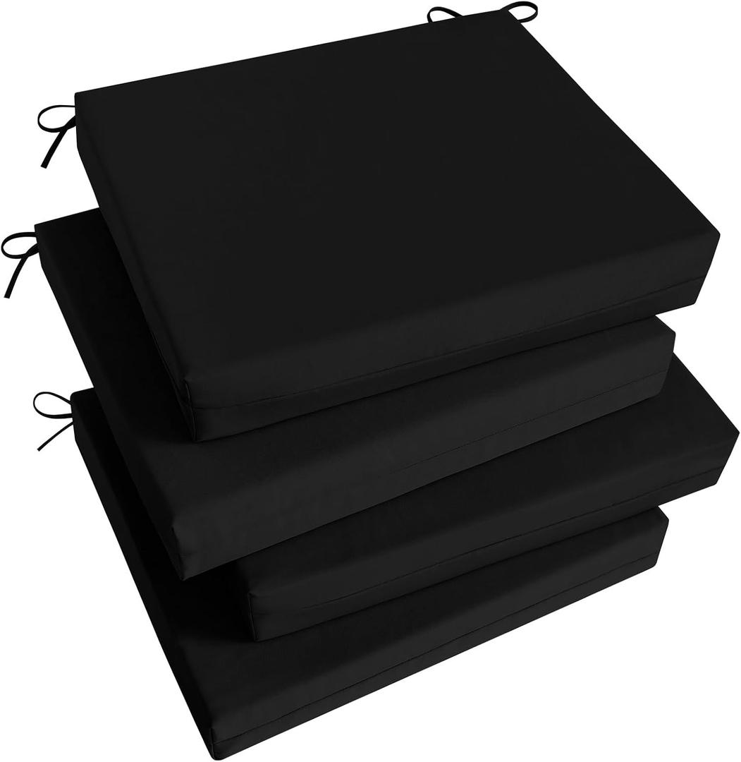 Basic Beyond Outdoor Chair Cushions Set of 4, Square Corner Outdoor Cushions for Patio Furniture, Water Resistant Patio Chair Cushions with 2 Ties, 18.5x16x3, Black