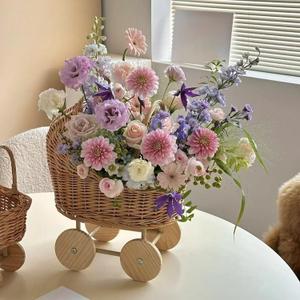 Woven Rattan Stroller Flower Basket with Handle - Vintage Wicker Baby Carriage for Flower Girl, Wedding & Baby Shower Decor, Rustic Centerpiece Floral Arrangement Holder (Khaki/Small)