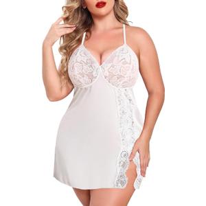 Avidlove Plus Size Lingerie For Women Sexy Satin Nightgown Lace Babydoll Side Slit Strappy Chemise Nightwear (White)