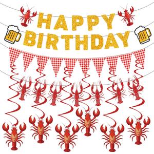 Crawfish Boil Birthday Party Decorations,Glitter Gold Happy Birthday Banner with Hanging Swirls for Lobster Seafood Boil Themed Party Decor Supplies