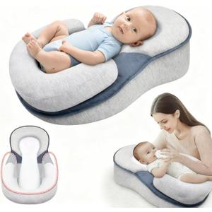 Baby Lounger Pillow for Infant Support Cushion Reflux Breastfeeding Pillow, Bottle Feeding, Tummy Time, Adjustable Baby Wedge Lounger Pillow for Reducing Spit-Up, White Grey