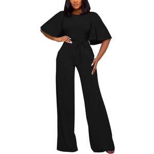 BessCops Womens Loose Short Sleeve Belted Wide Leg Pant Romper Jumpsuit Casual Business One Piece Outfits (Black, M)