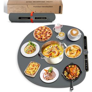 Round Food Warming Mat XXL 27.5''x27.5'' (Gray) - Electric Food Warming Tray with 9 Temp Levels - Silicone Food Warmers for Parties Buffet with Timer, Child Lock & Fast Heating