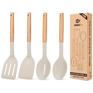 Pack of 4 Silicone Cooking Utensils Set, Non Stick Solid Spatulas and Heat Resistant Slotted Spoons with Wooden Handle, Ideal Wood Kitchen Utensils Set for Frying,Serving,Turning,Stirring (KHAKI)