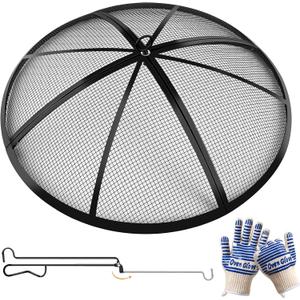 Fire Pit Spark Screen, Outdoor 30 Inch Round Fire Pit Screen with Foldable Hook and Fire Safety Gloves, Heavy Duty Steel Mesh Fire Pit Cover, Fire Pit Lid for Backyard, Beach, RV Camping