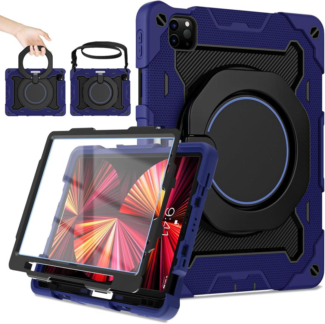 ROISKIN for iPad Air 5th 4th Generation Case (2022 2020) 10.9 inch & iPad Pro 11 Case 4th/3rd/2nd/1st Gen[Screen Protector, Pen Holder,15ft Drop Protection]with 360 Stand Hand Strap for Kids Women Man (Ring Stand-Navy Blue)