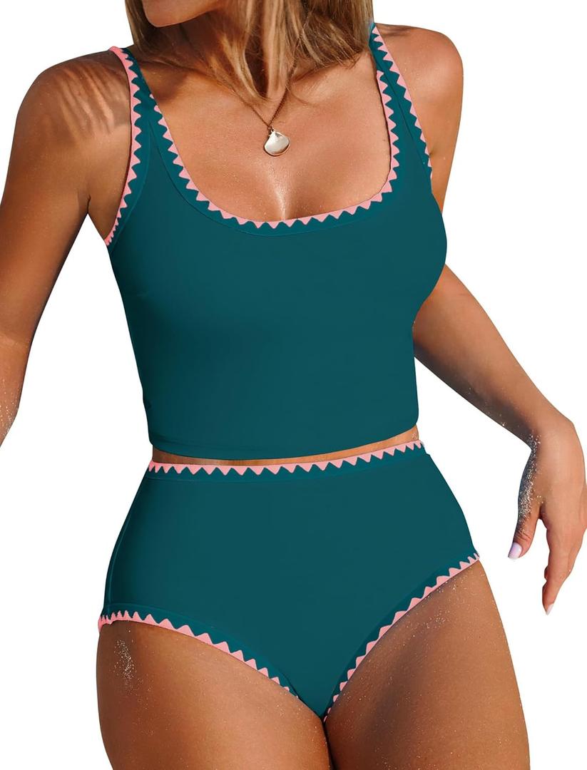 ZAFUL Tankini Swimsuit Tummy Control Bathing Suits Two Piece Swim Top with High Waisted Bottom (Medium, Peacock Green)