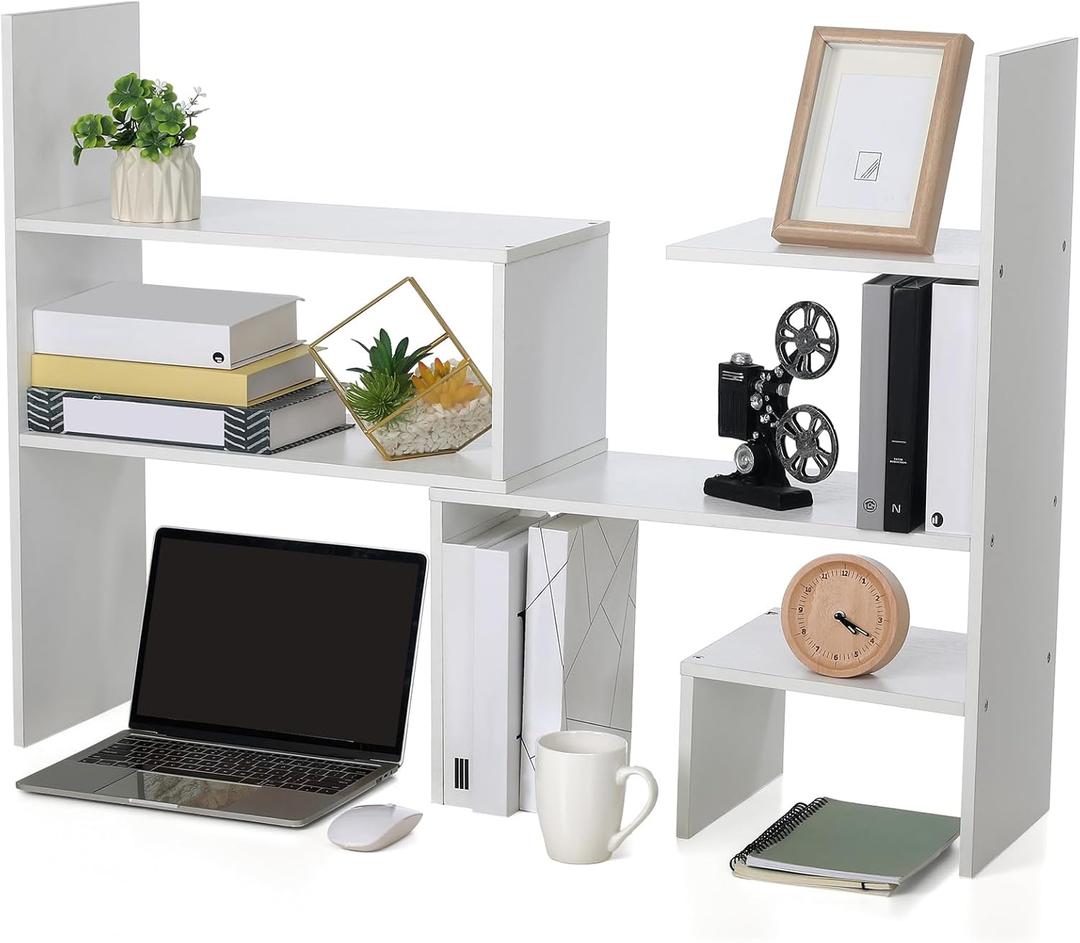 Expandable Dorm Desk Dutch Adjustable Desktop Bookshelf Wooden Desktop Storage Organizer Bookcase Cubby Book Rack for College Dorm Home Office Furniture(White)