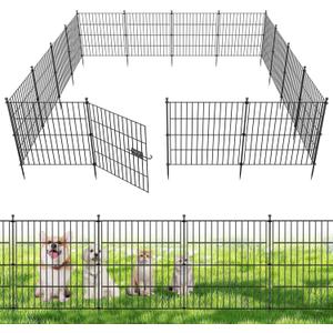 10 Panels No Dig Decorative Outdoor Garden Fence with Gate for Yard, 24 in(H) X 20 ft(L) Animal Barrier Fencing Rustproof Metal Wire Panel Border for Dog, Rabbits, and Patio Temporary Ground Stakes