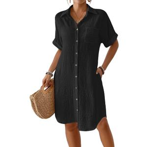 Bsubseach Womens Swimsuit Coverup Long Button Down Bathing Suit Cover Ups Short Sleeve Summer Beach Shirt Dress with Pockets, Size: XX-Large