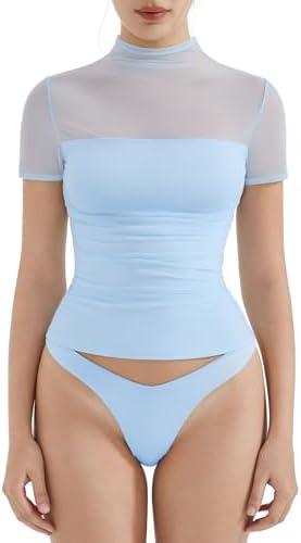 SUUKSESS Women Sexy Mesh Sheer Short Sleeve Tops Mock Neck Ruched Going Out Shirts, No Size