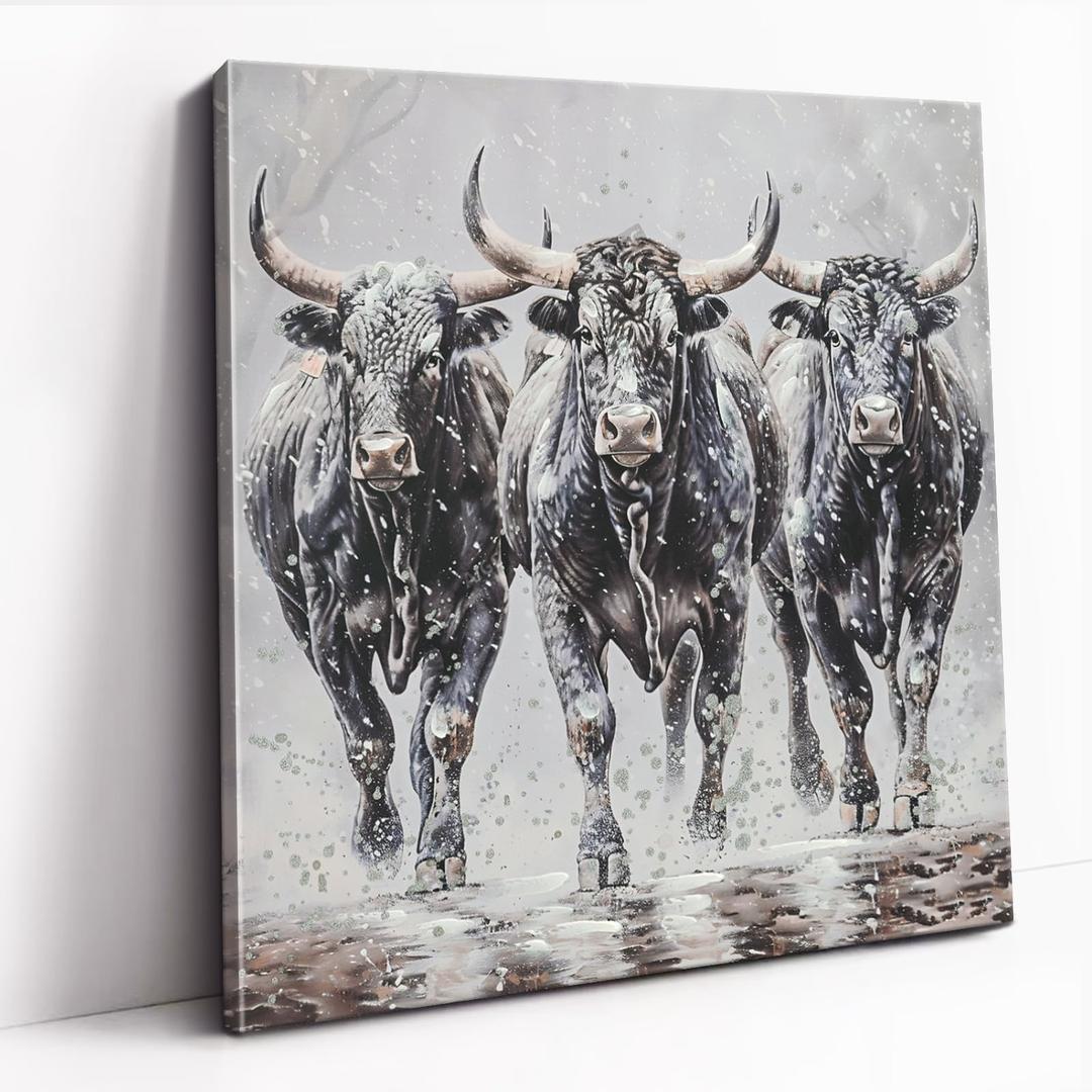 DRLWGTY Powerful Running Bulls Canvas Painting Wall Art, 2424 in Cool Animal Power Painting with Silver Glitter Texture Details for Living Room Bedroom Decor,Ready to hang
