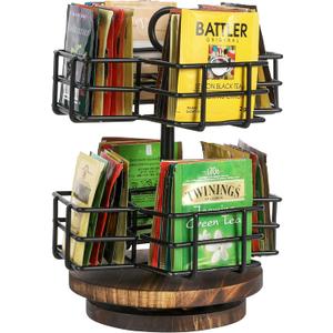 MyGift 8 Compartment Tea Bag Organizer Carousel, Black Metal Wire Packet Holder and 360 Degree Spinning Burnt Solid Wood Base, Coffee Station Storage Caddy