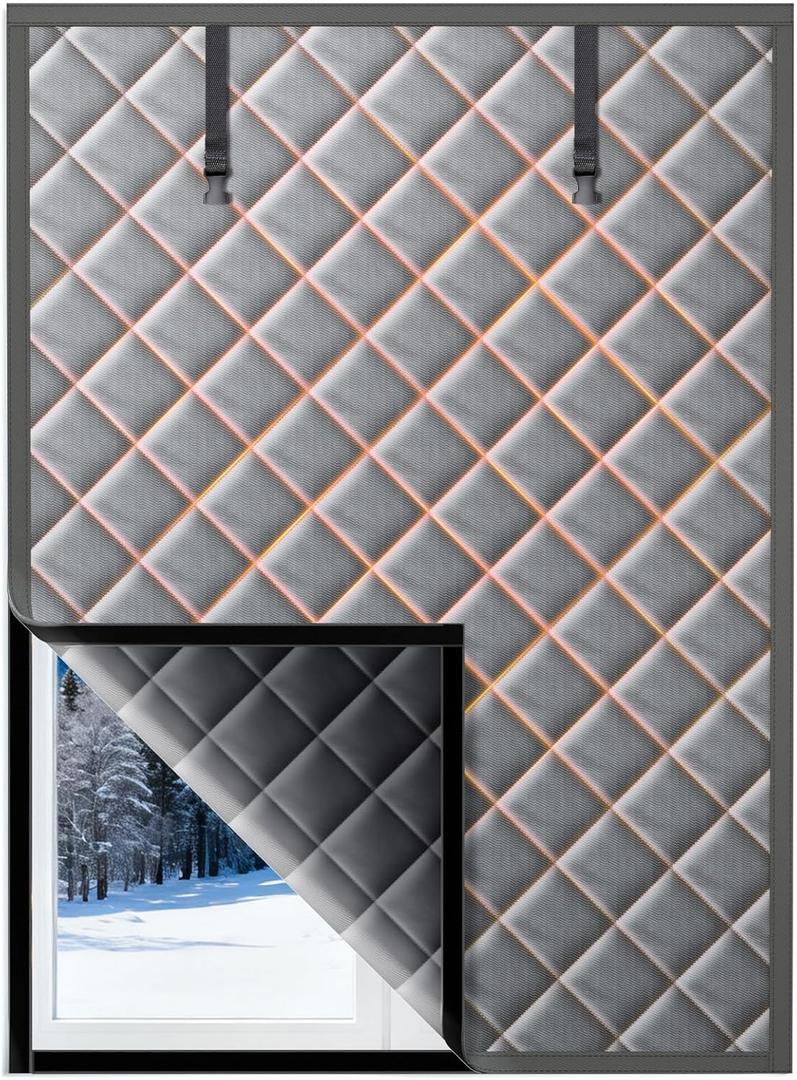 Window Insulation for Winter, 3963 Thermal Window Cover (Fits 3660 Windows ), Dual-Sided Winterizing Curtain for Home & RV, Reusable Draft Stopper with Roll-Up Buckle (Gray)