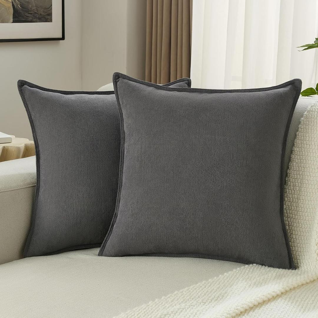 FUTEI Pack of 2 Solid Chenille Throw Pillow Covers 18x18 Inch Soft Edge Decorative Cushion Cases Farmhouse Accent for Couch Bed Living Room, Dark Grey
