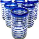 Hand Blown Mexican Drinking Glasses Set of 5 Glasses with Cobalt Blue Spiral Design (14 oz each)