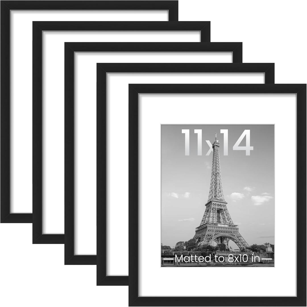 Ppsimples 11x14 Picture Frame Set of 5, Display Pictures 8x10 with Mat or 11x14 Without Mat, Wall Gallery Photo Frames, Black