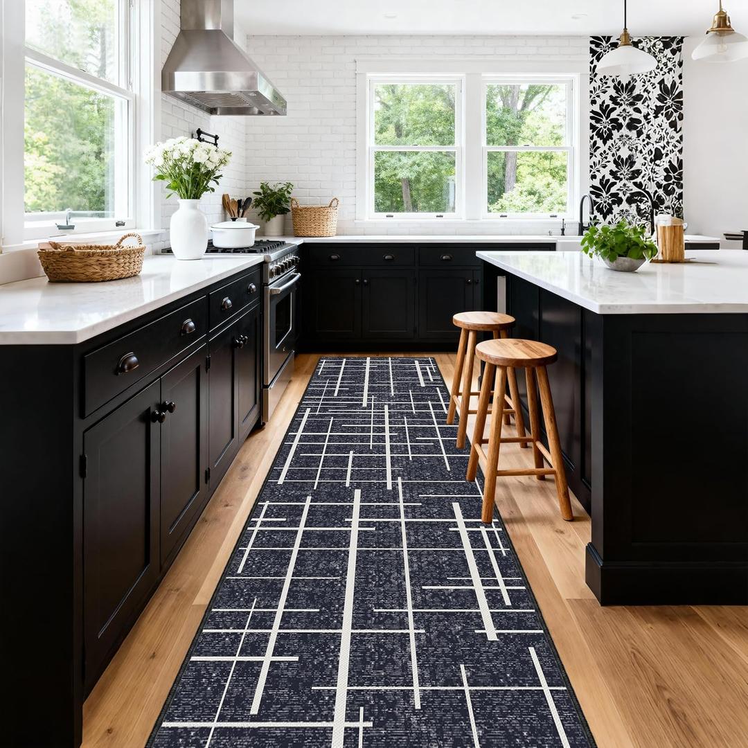 Non Slip Hallway Runner Rug 2.6x12, Modern Distressed Stripe, Washable Extra Long Rug, Woven Thin Low Pile Carpet Runners for Hallway 12ft Entryway, Kitchen, Walkway- Midnight Black