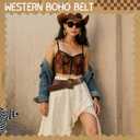 Chunky Western Belts for Woman, Boho Leather Belt with Big Buckle, Cowgirl Hip Fashion Accessory for Dresses (Brown)