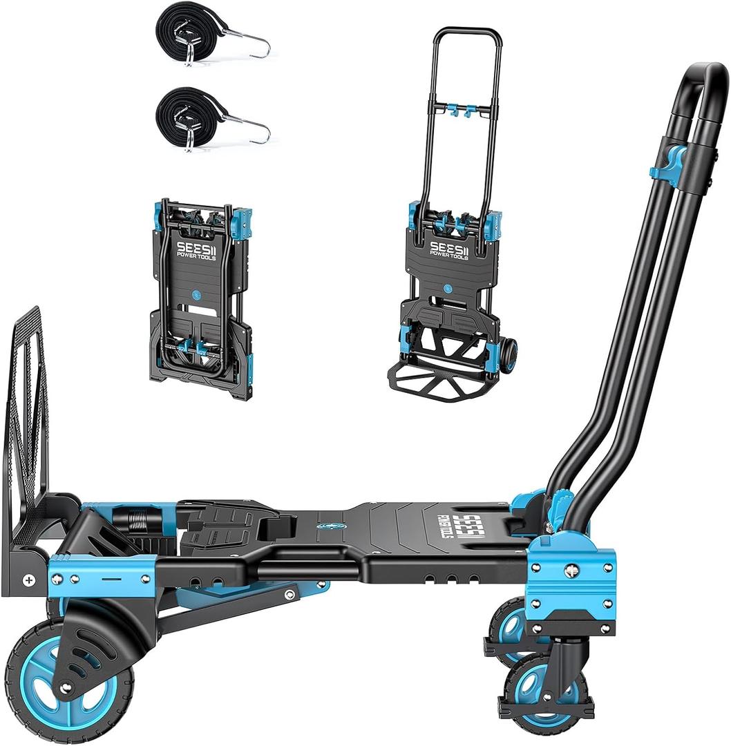SEESII 2-in-1 Folding Hand Truck, 330lb 4/2 Dolly Cart with Wheels, Blue