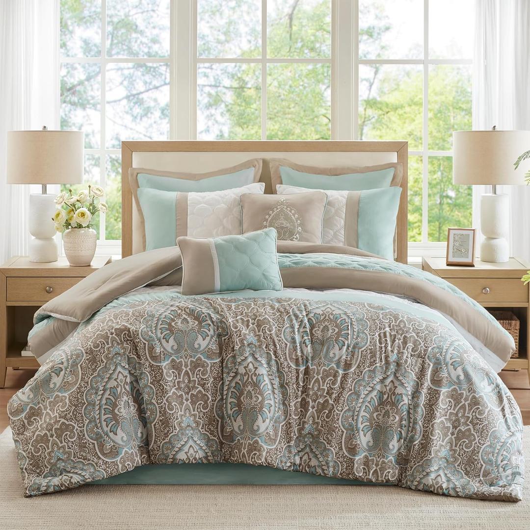 510 DESIGN Luxe Quilted Comforter Set Modern Transitional Design, All Season Down Alternative Warm Bedding Matching Shams, Bedskirt, Decorative Pillow, King, Shawnee Scrollwork Seafoam