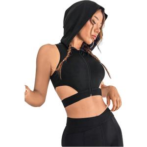 OYOANGLE Women's Zip Front Sports Bra Cut Out High Support Hooded Crop Tank Top Activewear, M