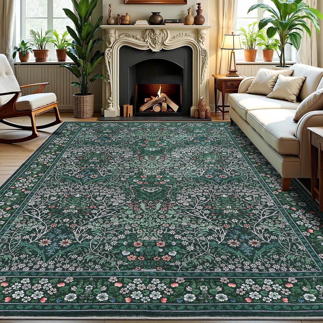 GarveeHome 8x10 Floral Washable Rug, Dark Green Vintage Boho Low Pile Non Slip Area Rug, Soft Botanical Indoor Throw Rug for Living Room, Entryway, Bedroom, Dining Room