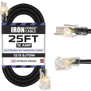 Iron Forge Cable 12 Gauge Outdoor Extension Cord 25 Ft, SJTOW 12/3 Heavy Duty Extension Cord 3 Prong, Oil Resistant & Flame Retardant - Lighted End