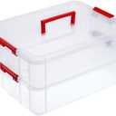 JUXYES 2-Tiers Stack Carry Storage Box With Handle, Transparent Stackable Storage Bin With Handle Lid Latching Storage Container for School & Office Supplies (Red)