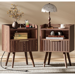 Huuger Nightstand with Charging Station, USB-C Port, Fluted Night Stand Set of 2, Bed Side Table with Drawer, Solid Wood Feet, Open Storage, End Table with Raised Edge, for Bedroom, Walnut
