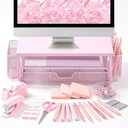 Kosiz 21 Pcs Pink Office Desk Organizers and Accessories Computer Monitor Stand with Drawer Pen Holder Stapler Tape Dispenser Sticky Note Clips Pen Highlighter Scissors Aesthetic Accessories for Woman