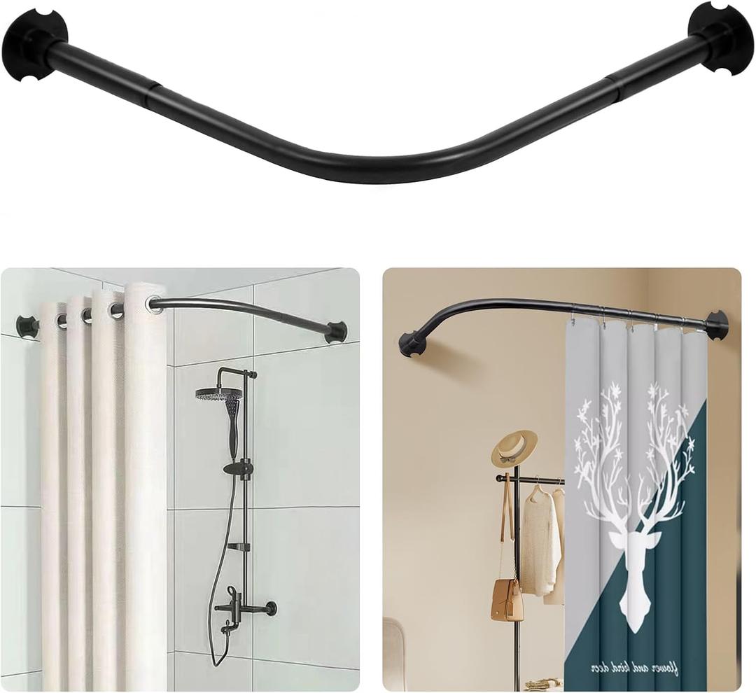 L Shaped Shower Curtain Rod, Stainless Adjustable Corner Shower Curtain Rod (35''-51'' X 35''-51''), Corner Shower Rod for Bathroom, Clothing Store, Drill Free/Drilling Install (Black)