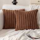 MOSAYT Faux Fur Throw Pillow Covers 18x18, Set of 2, Plush Velvet Soft Pillow Case,Fluffy Striped Decorative Couch Pillow Covers for Sofa, Bedroom, Living Room (Brown)