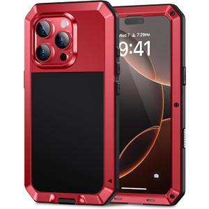 Lanhiem for iPhone 16 Pro Max Case, Metal Heavy Duty Shockproof Tough Rugged Case with Built-in Glass Screen Protector, 360 Full Body DustProof Strong Protective Phone Case for 16 Pro Max 6.9", Red