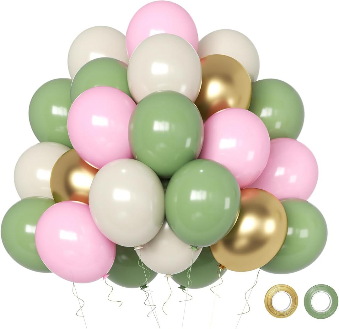 Sage Green Pink Balloons Set 12 Inch 50Pcs Metallic Gold & Sand White Latex Balloons Green Pink Party Decor for Weddings Birthdays Baby Shower Party Decorations