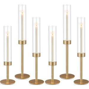 6Pcs Hurricane Glass Candle Holders Gold Candlestick Holders Taper Candle Holder with 9.8" Windproof Clear Cylinder Covers for Outdoor Indoor Tall Candle Stick Holder Decor for Wedding Party Fireplace