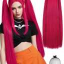 Rose Red Pink Wig with Bangs Long Straight Hot Pink Cosplay Wigs with 2 Ponytails Red Anime Wigs for Singers Cosplay Halloween Costume Outfit Party+Hair Cap