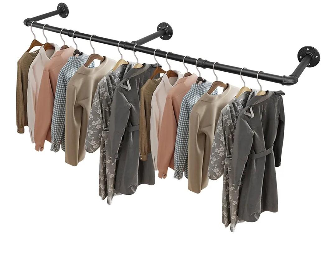 Livabber Industrial Pipe Clothes Rack, Heavy Duty Detachable Iron Garment Rack Wall Mounted, Rustic Saving Space Clothes Bar Multi-Purpose Hanging Rod for Bedroom, Closet, Black (50 Inch)