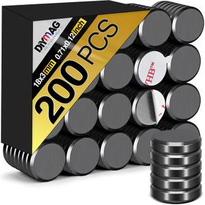 DIYMAG Strong Magnets 200Pcs 0.71x0.12Inch Fridge Refrigerator Magnet for Crafts with Adhesive Backing Magnetic Small Black Button Ceramic Circle Craft Round Heavy Duty Adhesive Neodymium Whiteboard (18x3mm)