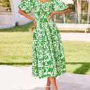 BTFBM Summer Dresses for Women 2026 Spring Outfits Beach Vacation Short Sleeve Smocked Boho Casual Floral Maxi Dress (Green, XL)