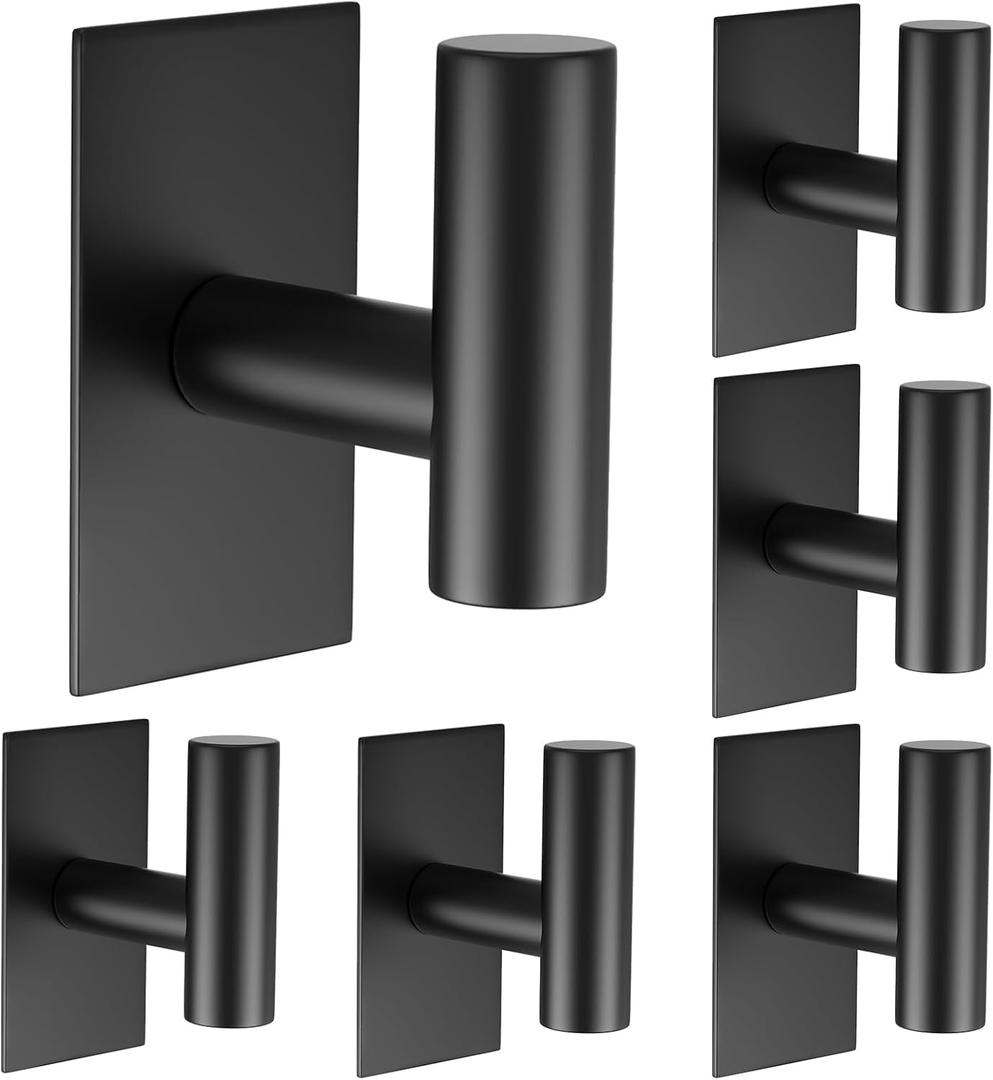 VAEHOLD Wall Towel Hooks, Heavy Duty Sticky Holder Waterproof Towel Hooks for Hanging Coat, Clothes, Closet Hook Wall Mount for Kitchen (Black, 6 Pack)