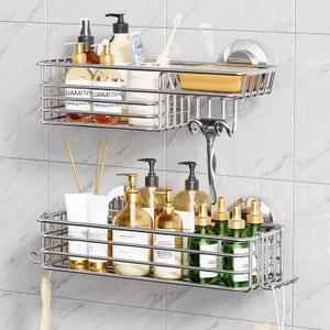 TAILI Shower Caddy Suction Cup 2 Pack with Hooks and Soap Holder, Heavy Duty Shower Organizer for Bathroom, No Drilling Silver Bathroom Suction Shelves-Silver