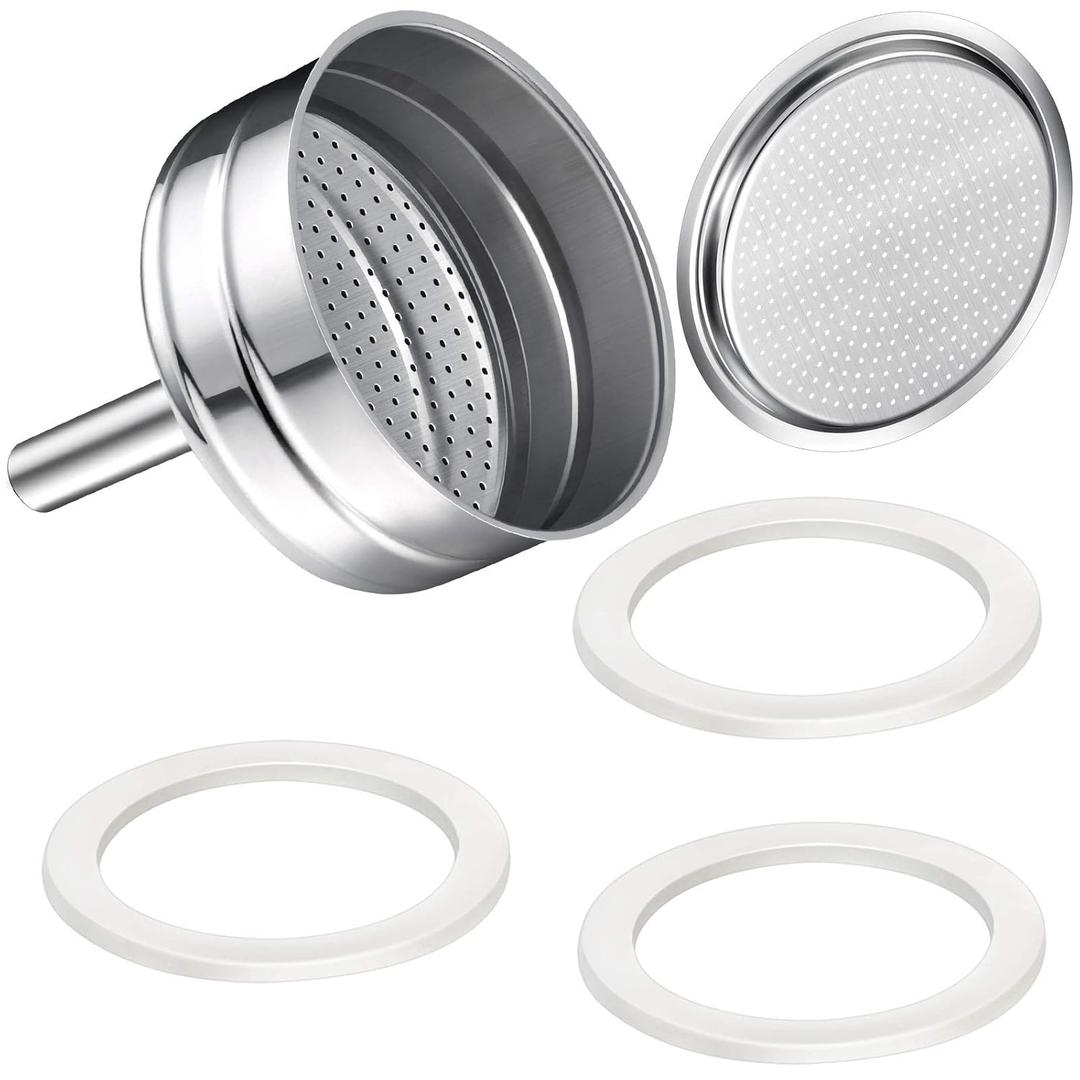 Moka Express Replacement Funnel Kit, 3 Packs Gasket Seals, 1 Stainless Steel Funnel with 1 Pack Stainless Filter (3-Cup)