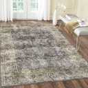 Washable Area Rug 5'x7' Low Pile Entryway Non Slip Floral Print Stain Resistant Ultra-Thin for Living Room Bedroom Dining Room, (Black/Grey)