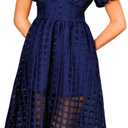 Kaei&Shi V Neck Midi Dress for Women,Puff Sleeve Empire Waist Plaid Organza Dresses,Elegant Formal Wedding Guest Outfits (Small)